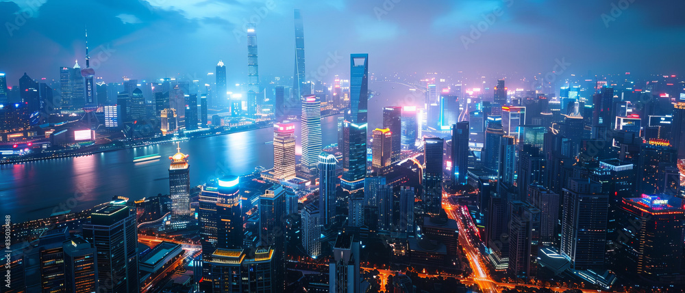 Fototapeta premium A bustling cityscape at night with illuminated skyscrapers