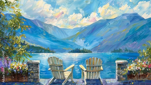 serene terrace with adirondack chairs overlooking tranquil lake and majestic mountains impressionist landscape painting photo
