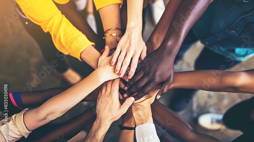 Diverse group of people putting their hands together in a united and supportive gesture, symbolizing teamwork and collaboration. © Felippe Lopes