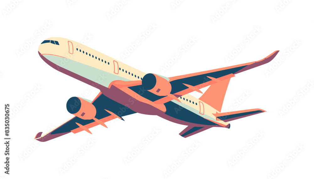 An airplane in flight, depicted with a colorful design, soaring through the sky. Flat vector illustration. An airplane in flight, depicted with a colorful design, soaring through the sky. Flat vector illustration.