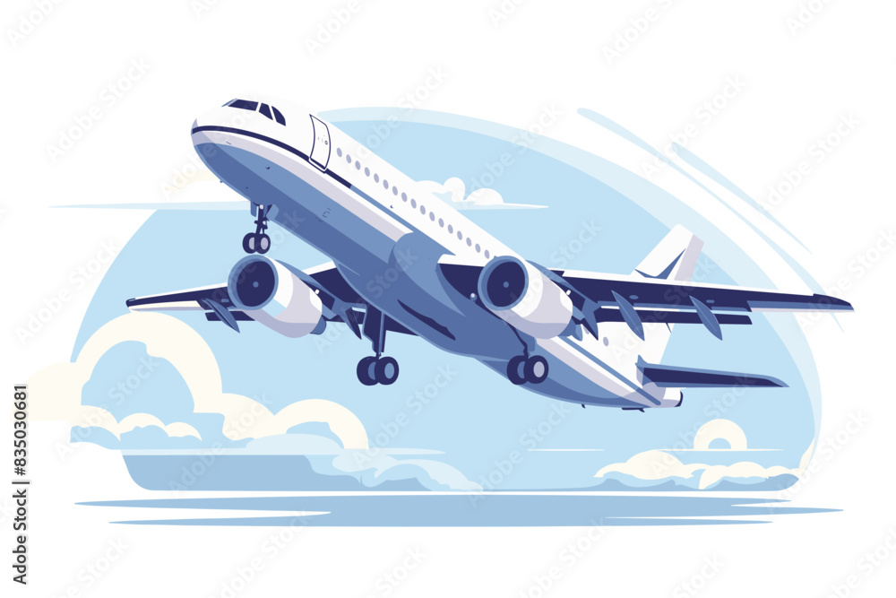 Naklejka premium An airplane taking off into a clear blue sky, with clouds in the background. Flat vector illustration.