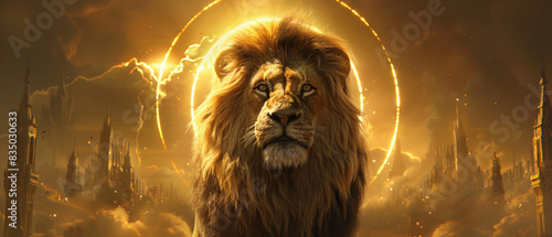 The majestic lion basking in the soft glow of the citys dawn