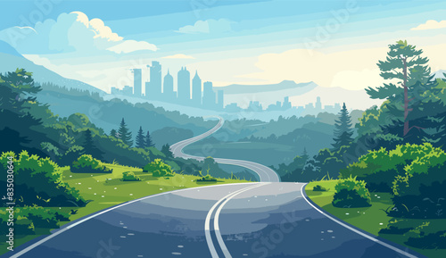 A scenic road winding through green hills and trees, leading towards a distant city skyline. Flat vector illustration.