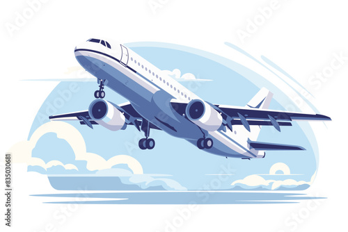 An airplane taking off into a clear blue sky, with clouds in the background. Flat vector illustration.