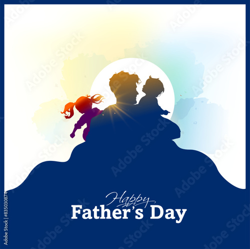 Happy Father's day creative drawing painting vector illustration. Daddy Father loves and hugs her little kids.