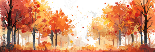 An autumn forest scene with leaves falling from vibrant trees in shades of red, orange, and yellow. Flat vector illustration.