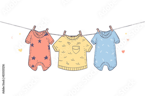 Cute baby clothes, including onesies and a sweater, hanging on a clothesline with small heart decorations. Flat vector illustration.