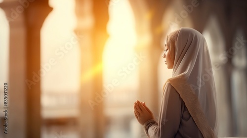 Young muslim woman prayer with hijab pray to God on blur mosque background concept for eid mubarak, life and soul fasting of international islamic ramadan sunlight, copy space, generative ai