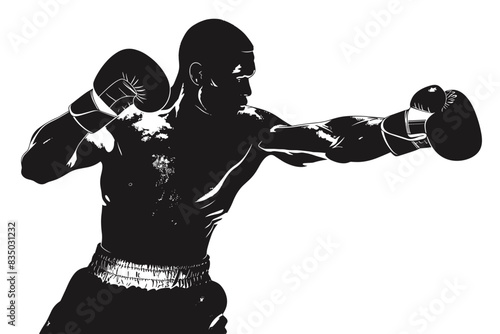 Black and white silhouette of a boxer throwing a punch, showing strength and determination. Flat vector illustration.