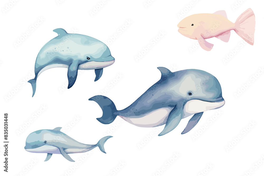 Illustration of dolphins swimming with a fish in an underwater scene. Flat vector illustration. Illustration of dolphins swimming with a fish in an underwater scene. Flat vector illustration.