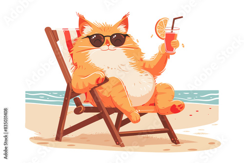 Illustration of a cat wearing sunglasses, relaxing on a beach chair with a drink in its paw by the sea. Flat vector illustration.