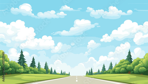 Illustration of a cityscape at sunset with a road leading to the horizon, surrounded by trees and clouds. Flat vector illustration.