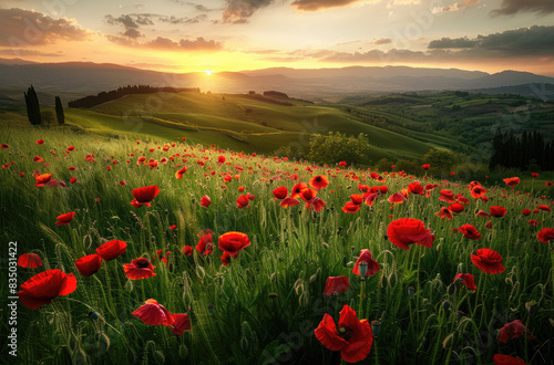 A picturesque sunrise over the vibrant red poppy fields  casting an enchanting glow on lush green hills and distant trees.