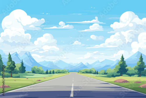 Illustration of a mountain road under a clear blue sky with clouds, surrounded by trees and green fields. Flat vector illustration.