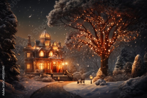 a house in the forest on a winter night, snow covered trees, illumination, decorated for Christmas or New Year, festive environment