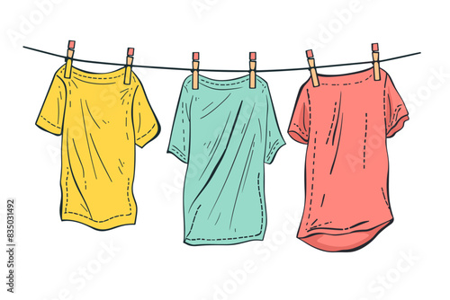Three colorful t-shirts in yellow, green, and red hanging on a clothesline with clothespins. Flat vector illustration.