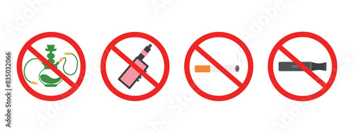 NO SMOKING sign NO WIPE sign. Sign NO to Electronic Cigarette, Sign NO to Hookah Vector illustration