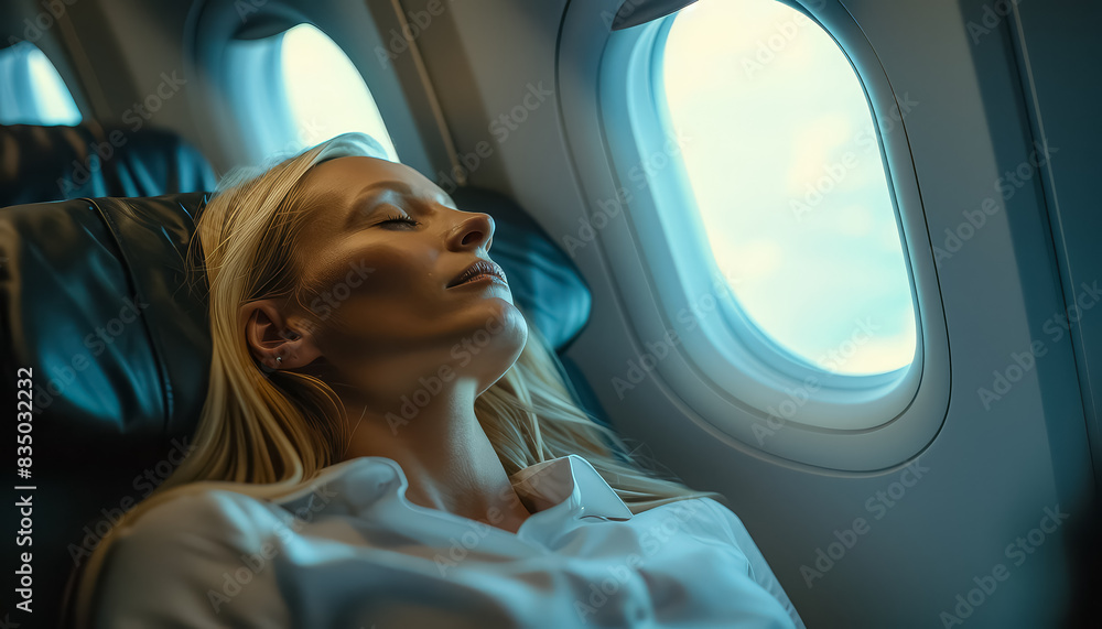 A woman is sleeping on a plane