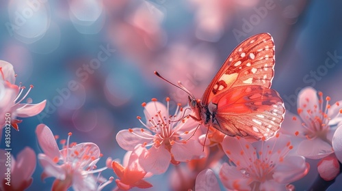 Elegant Spring Scene: Beautiful Pink Butterfly and Cherry Blossom Branch Against Blue Sky Background, Soft Focus