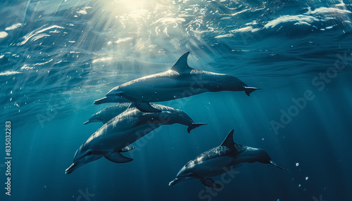A dolphin is swimming in the ocean with the sun shining on it © terra.incognita