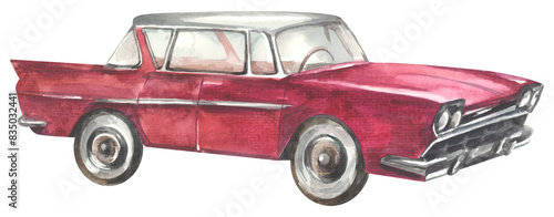 Foto Red retro car 1960. Watercolor hand drawing painted illustration.
