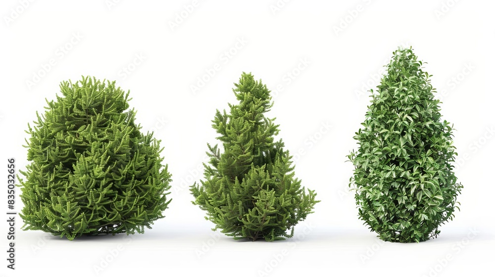 Fototapeta premium set of green garden bushes isolated on white background landscaping gardening horticulture topiary hedge concept realistic 3d illustration