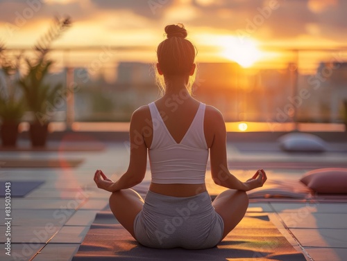 Wallpaper Mural A yoga instructor leading a sunset yoga session on a rooftop selective focus, relaxation theme, whimsical, fusion, rooftop backdrop Torontodigital.ca
