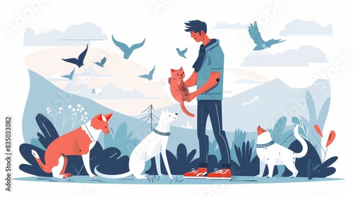 An illustration in 2D flat style featuring a traveler volunteering at a wildlife sanctuary, helping care for rescued animals. The minimalist design highlights the positive impact of combining travel