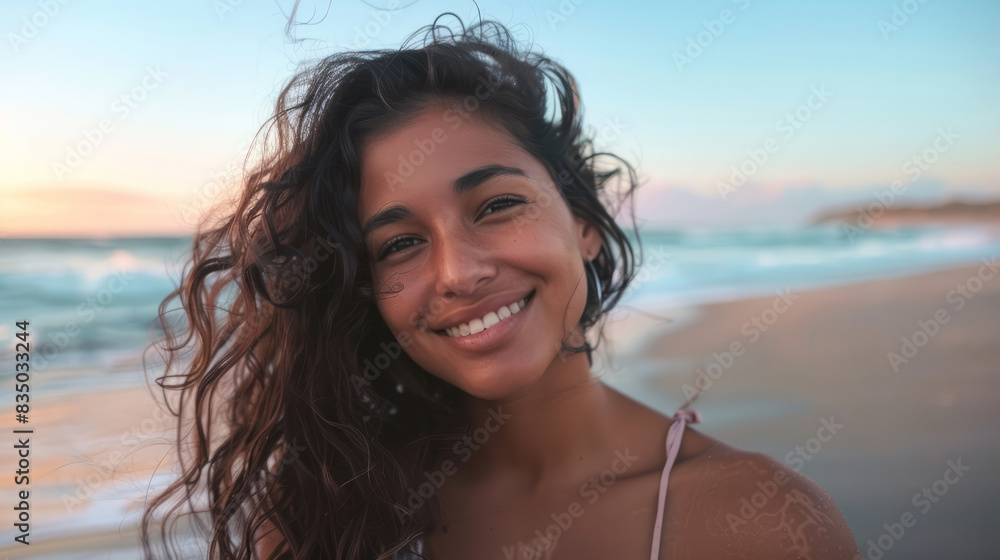 Young woman smiling by the sea during sunset Young woman smiling by the sea during sunset