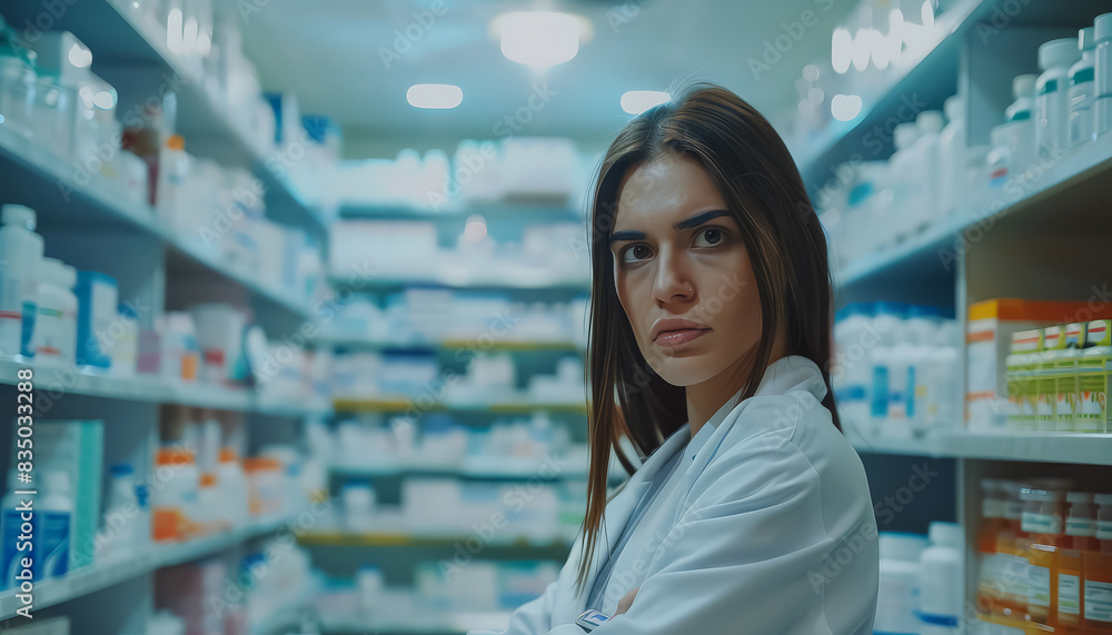 A woman in a white lab coat stands in a pharmacy