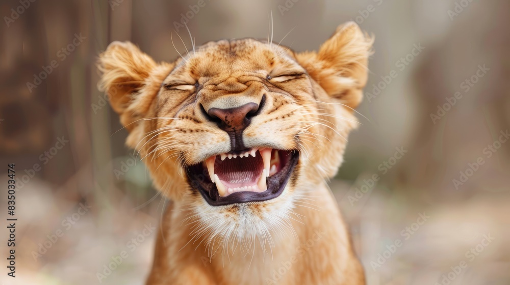 Fototapeta premium Cute little lion with a wide smile for travel company banners. Smiling African animal. Summer vacation concept