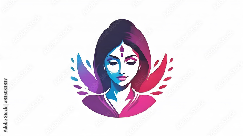 Indian woman with colored paints in Holi Festival themed logo icon symbol on white background. Generative AI Indian woman with colored paints in Holi Festival themed logo icon symbol on white background. Generative AI
