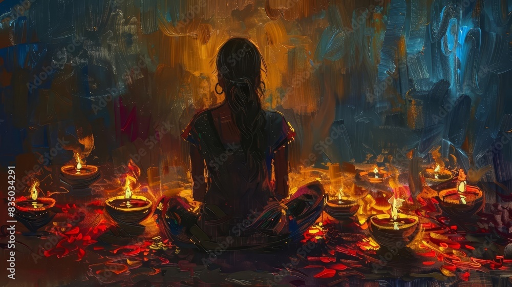 Rear view of a single woman gracefully lighting Diya lamps, Diwali celebration, deep hues, radiant illumination, oil paint style, intricate patterns, serene and reflective mood Rear view of a single woman gracefully lighting Diya lamps, Diwali celebration, deep hues, radiant illumination, oil paint style, intricate patterns, serene and reflective mood