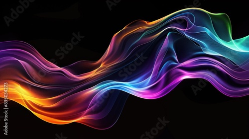 Abstract fluid iridescent holographic curved wave in motion colorful gradient design on black background
