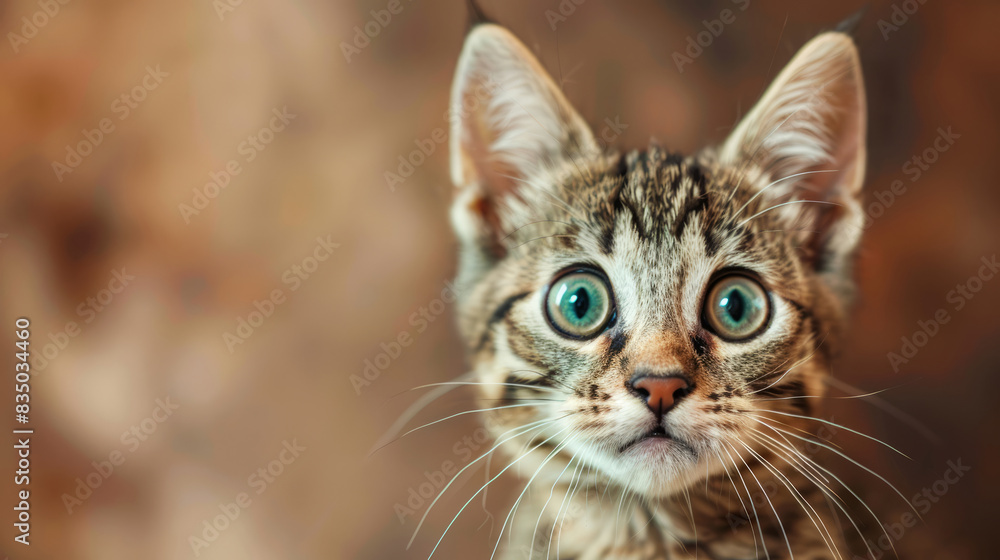 Close-up of a surprised and curious tabby kitten with big blue eyes