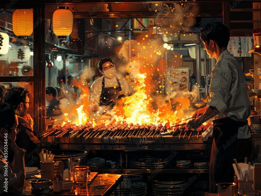 A side view of a chef grilling skewers over an open flame, with diners seated at a counter watching the cooking process. The minimalist composition highlights the skill and craftsmanship involved in A side view of a chef grilling skewers over an open flame, with diners seated at a counter watching the cooking process. The minimalist composition highlights the skill and craftsmanship involved in