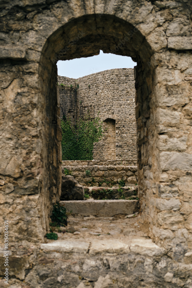 Old Bar medieval fortress. Montenegro country. A popular tourist destination to visit. Stari Bar - ruined medieval city on Adriatic coast, Unesco World Heritage Site. The entrance to the citadel.