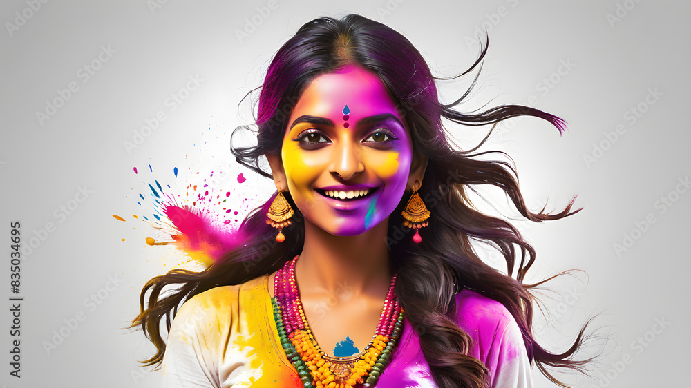 Indian woman with colored paints in Holi Festival themed logo icon symbol on white background. Generative AI Indian woman with colored paints in Holi Festival themed logo icon symbol on white background. Generative AI