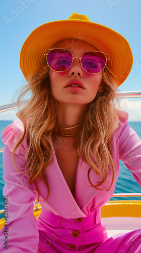Blond woman with sunglasses, hat and pink outfit take a selfie on a boat. Sunny day. Fashion summer concept.