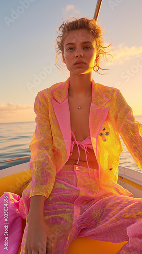 Portrait of a fashionable woman in neon pink and yellow outfit on a boat at sunset. Summer concept.