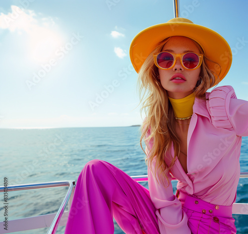 Fashionable woman in pink outfit and yellow hat on a boat. Sunny day. Fashion summer concept.