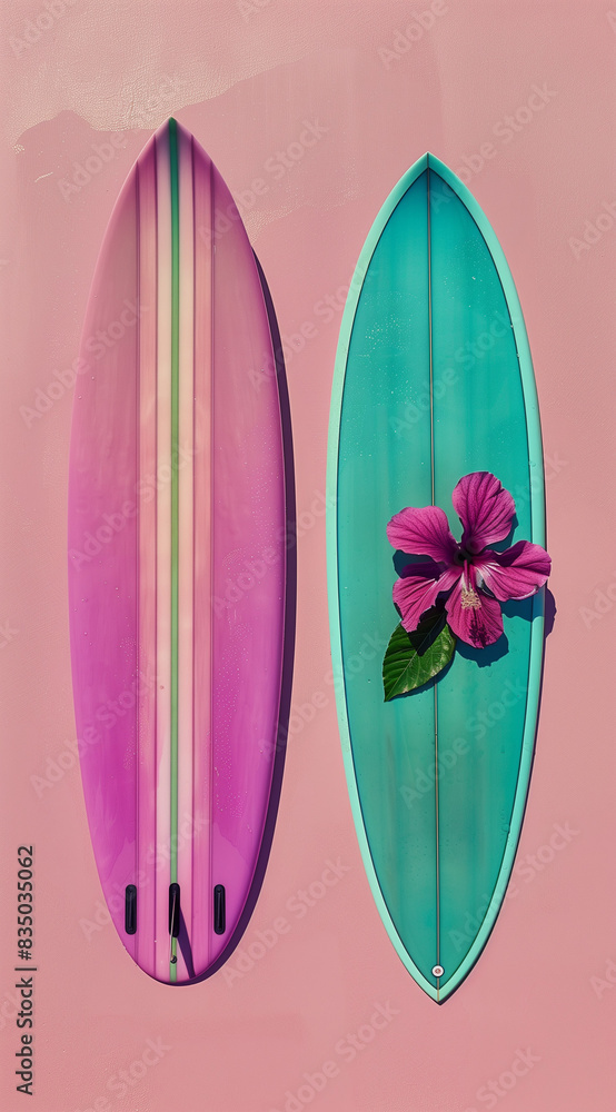 Surfboards with hibiscus flower, for her and him.Minimal creative fun and sport concept. Surfboards with hibiscus flower, for her and him.Minimal creative fun and sport concept.