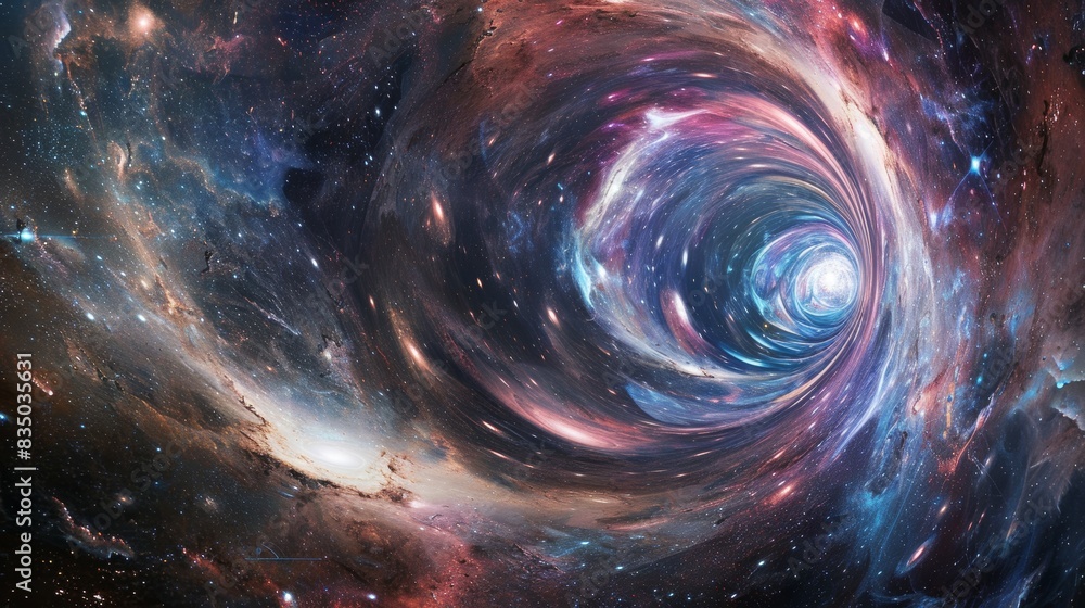 An awe-inspiring wormhole opening in space, a swirling mass of colors and light, cosmic particles being pulled into the center, distant galaxies and stars in the background, feeling of adventure and An awe-inspiring wormhole opening in space, a swirling mass of colors and light, cosmic particles being pulled into the center, distant galaxies and stars in the background, feeling of adventure and