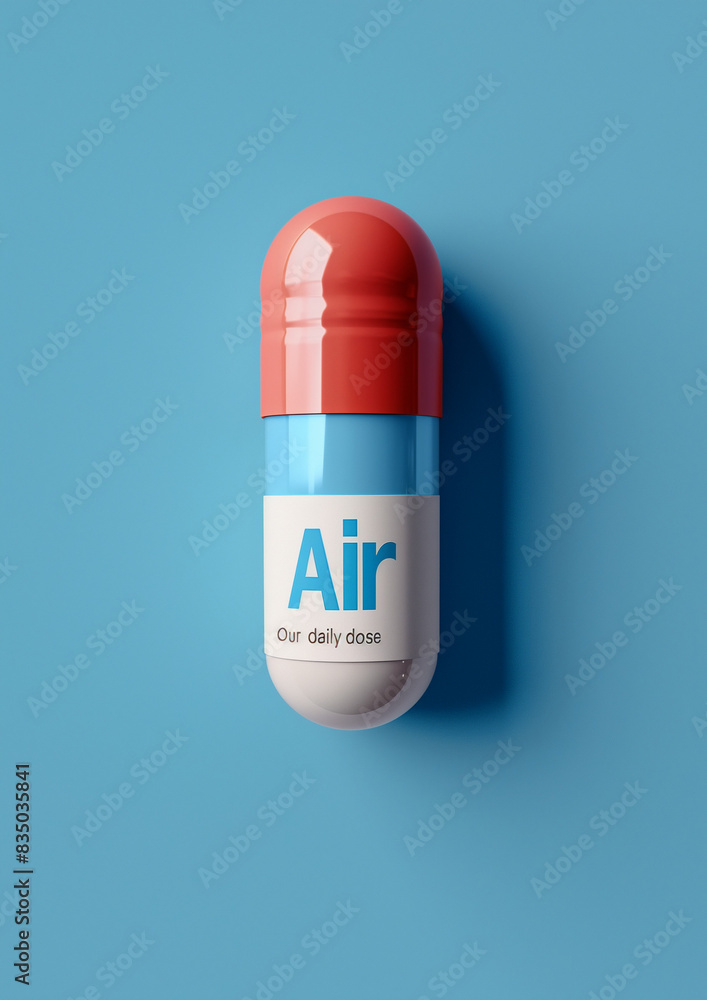 A pill capsule labeled 'Air our daily dose.' Minimal creative health, medical, and environmental concept. A pill capsule labeled 'Air our daily dose.' Minimal creative health, medical, and environmental concept.