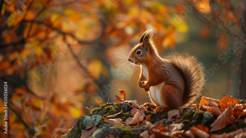 Eurasian red squirrel in autumn forest setting