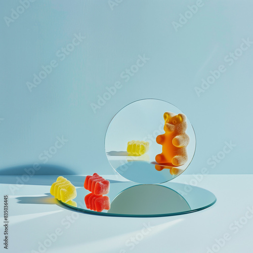 Gummy bear and surreal reflection in the mirror.Minimal creative food concept.