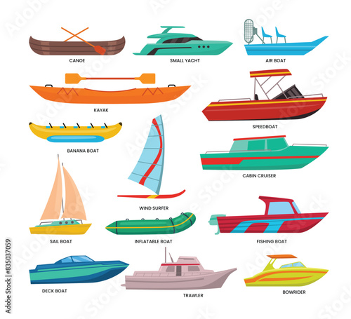 Set of different types of boat set collection, boat types, Wooden ships for ocean or marine sail garish vector tourism water transport for river or lake with kayak, canoe, yacht, cruiser, trawler.