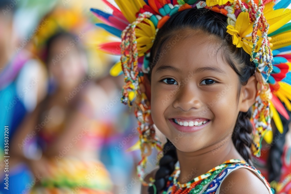 A young girl wearing a colorful headdress and smiling A young girl wearing a colorful headdress and smiling