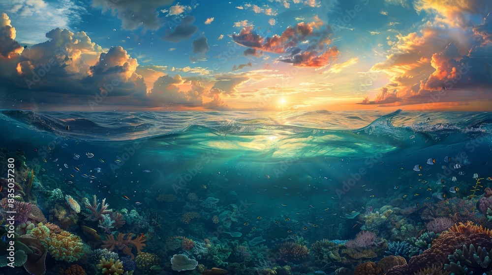 Experience the enchanting blend of two worlds with captivating imagery of an underwater scene merging seamlessly with the vast expanse of the sky Experience the enchanting blend of two worlds with captivating imagery of an underwater scene merging seamlessly with the vast expanse of the sky