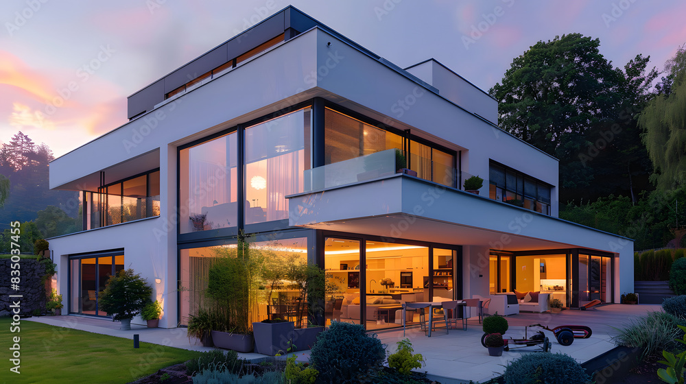 Modern luxury house exterior during sunset with large glass windows, contemporary architectural design, beautiful landscape garden, and cozy outdoor living space ambiance